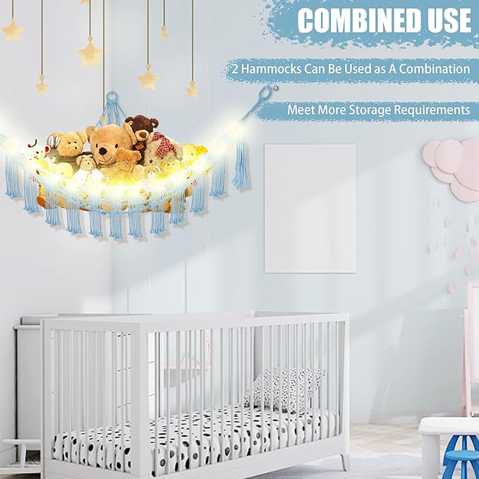 Stuffed Animal Hammock with LED Light, Large Stuffed Animals Storage Corner Plushie Net for Kids Room Decor, Baby Blue