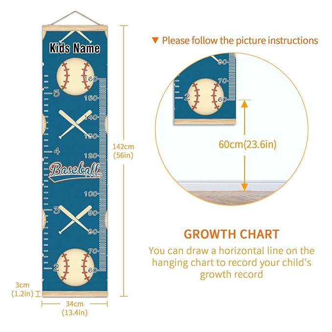 Personalized Kids Name Growth Chart Ruler for Wall Wood Frame Height Measure Chart 13.4x56 in Linen Hanging Height Growth Chart Baseball and Baseball Bat Sport Kids Room Decor