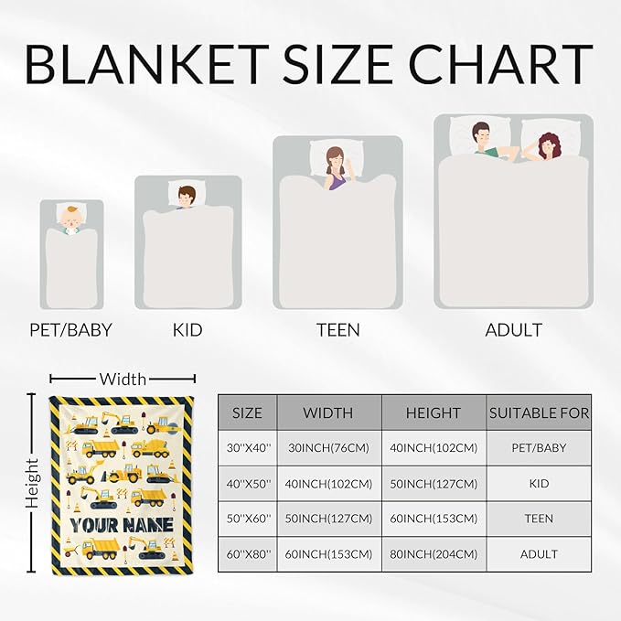 Personalized Construction Blanket for Kids - 30" x 40" Inches Cute Throw Blanket for Boys - Yellow Lightweight Furry Throw for Lap, Couch, Office