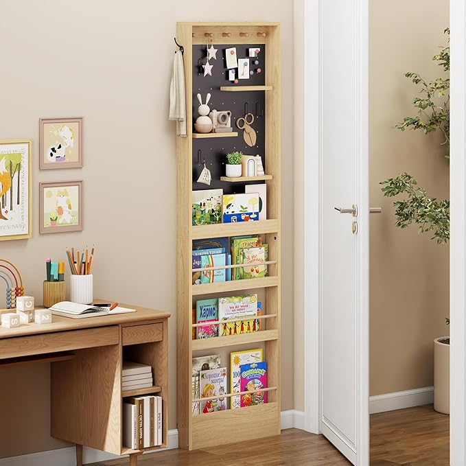 ELECWISH Kids Bookshelf, Behind The Door 70" Tall Bookcase with Open Display Shelves, Wall Mounted Space-Saving Narrow Book Shelf with Pegboard for Children's Study Living Room, Nursery