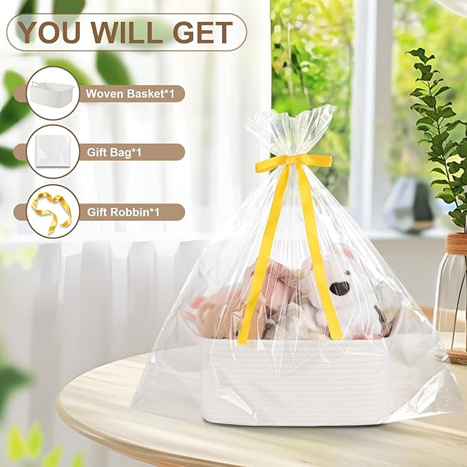 OIAHOMY Small Woven Rope Basket with Gift Bags and Ribbons, Gift Basket Empty for Baby Shower Birthday, Halloween, Christmas, Cute Cat Ear Handles for Shelf Living Room Bathroom,White