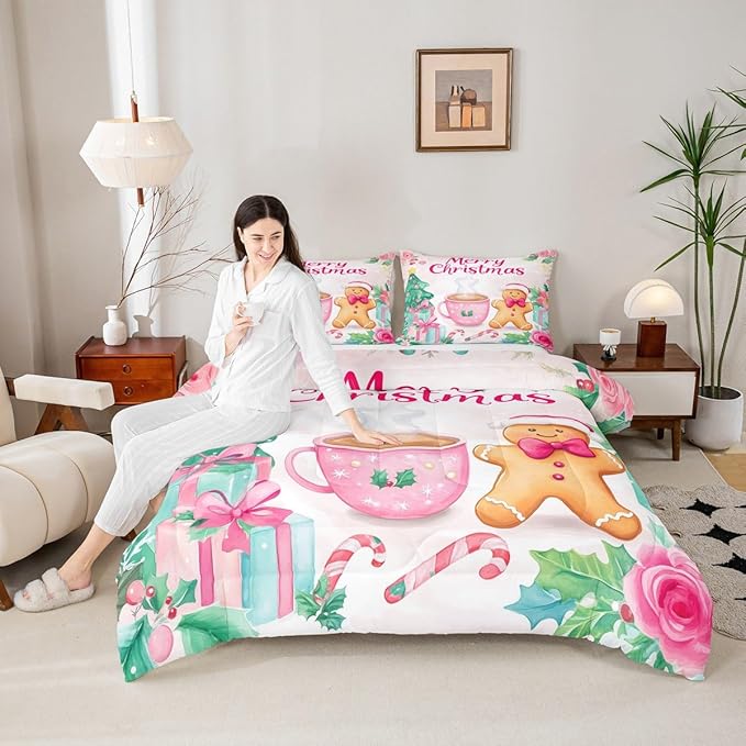 Feelyou Merry Christmas Bedding Set Soft for Boys Girls, Christmas Decor Comforter Set King Size Gingerbread Man Duvet Quilt Microfiber Xmas Bedroom Decor 3 Pcs with 2 Pillow Cases