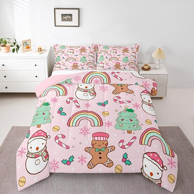 Feelyou Christmas Kids Comforter Set King Size Merry Christmas Tree and Snowman Bedding Set Gingerbread Man Duvet Quilt for Kids Boys Girls Bedroom Rainbow Print Decor Snowflake Ultra Soft Breathable