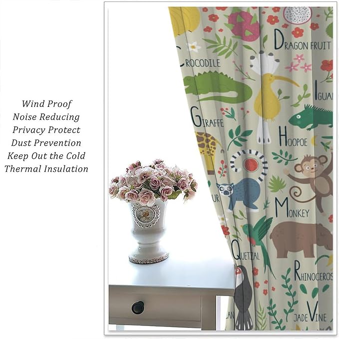 Kid Alphabet Curtains Funny Cartoon Animal Cute Educational Learning Colorful Curtain with Rod Pocket for Bedroom Living Room Decor Drapes Window Treatments 2 Panels Set 42" W X 63" L