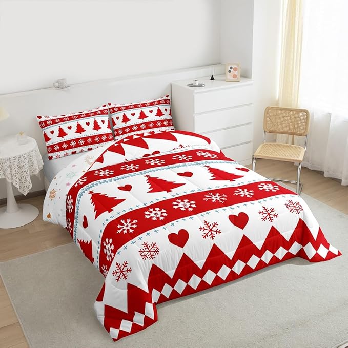 Feelyou Christmas Comforter Set Full Size Xmas Tree Bedding Set for Kids Boys Girls Snowflake Heart Duvet Quilt Geometric Bedroom Decor Microfiber 3 Pcs with 2 Pillow Cases