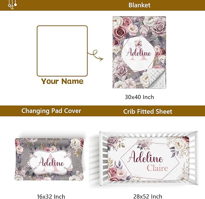 Custom Name Crib Bedding Set, 3 Pcs Personalized Baby Crib Bedding Set, Soft Rose Nursery Crib Sets for Boys Girls, Double Layer Toddler Bedding Set Customized Gifts for Newborn Kids