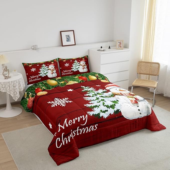 Manfei Christmas Comforter Set Twin Size, Cute Snowman Tree Print Quilt Set with 1 Pillowcase, New Year Theme Rustic Style Xmas Bedding Set 2pcs for Kids Boys Girls Bedroom Decor