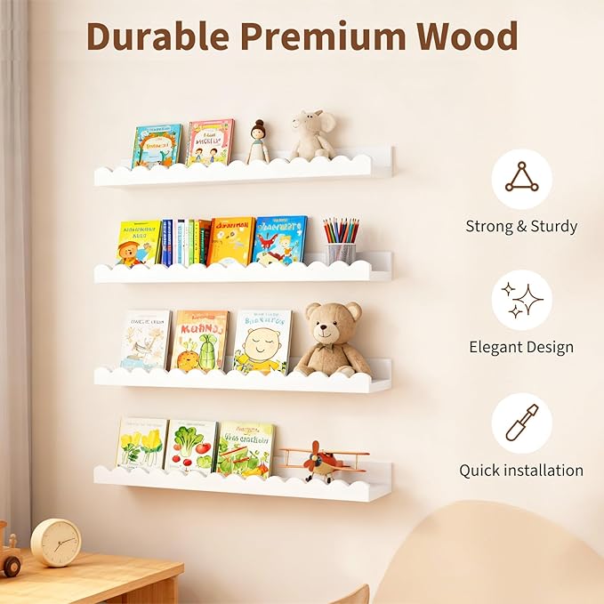 LinTimes Nursery Book Shelves, Set of 4 White Floating Scalloped Shelves for Wall, Rustic Wood Wall Mounted Shelves for Kids Bedroom, Toddler Room, Baby Room Decor, 7.94Lbs Capacity, 16.5 inch