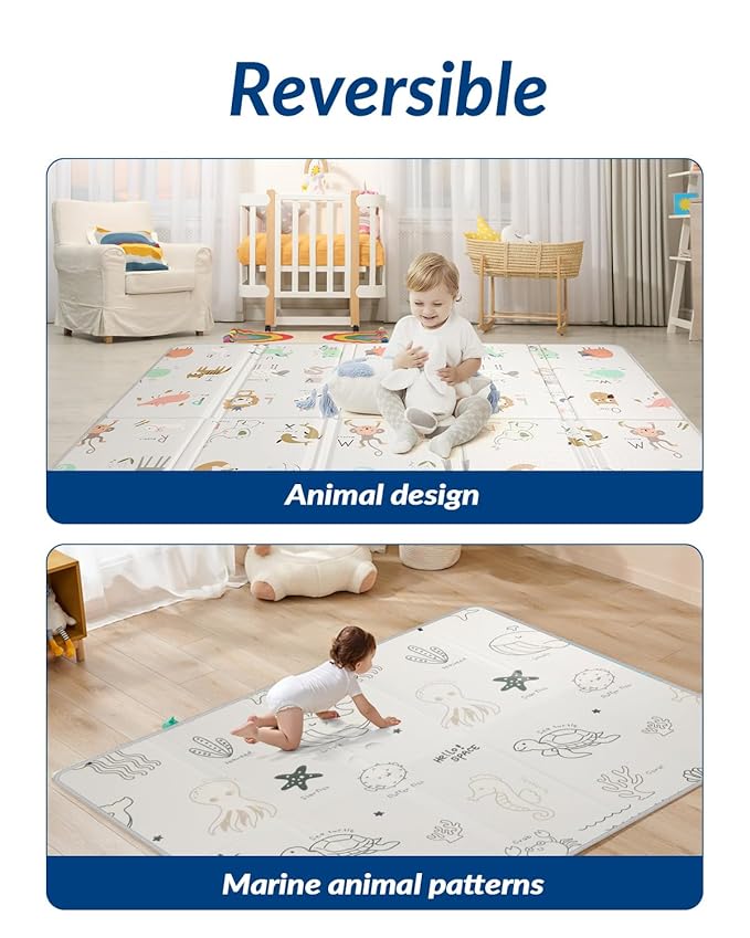 79x71 Baby Play Mat Foldable, Thick 0.8 Inch XPE Foam Waterproof, Extra Large Crawling Mat for Floor Kids Infant Training Non-Slip Reversible