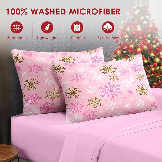 7 Pcs King Size Christmas Comforter Set with 2 Pillowcases & 2 Shams, Pink Winter Snowflake Bedding for Kids and Adults, Funny Sparkle Farm Bed in a Bag with Flat Fitted Sheet