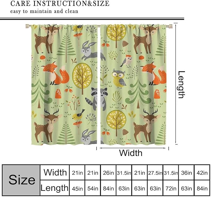 Cute Animals Curtains, Fox Bear Cartoon Wild Animals Blackout Window Treatments, Rod Pocket Thermal Insulated Drapes 2 Panel Sets for Kids Bedroom Nursery Classroom, 72" W X 63" L