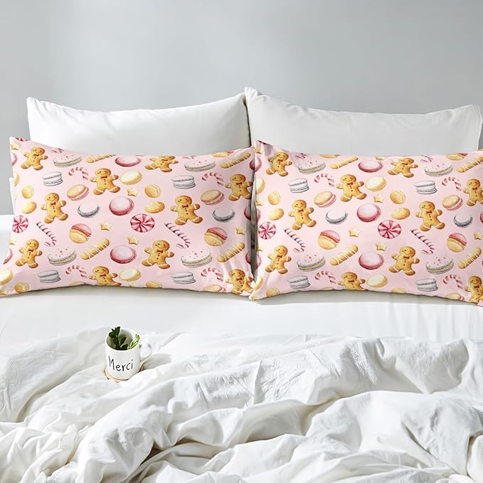 Feelyou Christmas Duvet Cover Full Size Cute Christmas Gingerbread Man Comforter Cover for Boys Girls Xmas Sweet Macarons Bedding Set 3Pcs Reversible Pink Room Decor