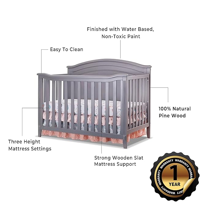 SORELLE FURNITURE Berkley Round Top Crib, Classic 4-in-1 Convertible Crib, Made of Wood, Non-Toxic Finish, Wooden Baby Bed, Toddler Bed, Child’s Daybed and Full-Size Bed, Nursery Furniture-Gray