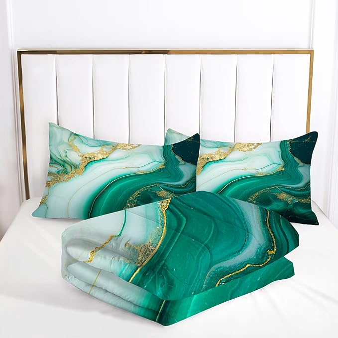 Comforter Set Green Marble: King Size Emerald Green Gold Glitter Bedding Set for Women Adult Girls Bedroom Abstract Turquoise Marbling Quilt Bed Sets 1 Comforter & 2 Pillowcases