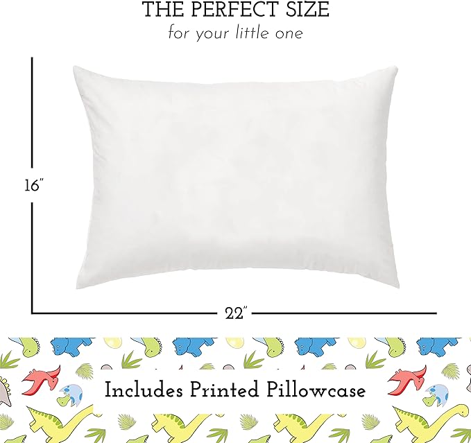 Little Sleepy Head Youth Pillow with Pillowcase 16x22, Soft Jumbo Toddler Pillow & Hypoallergenic Pillowcase - Best Kids Pillows for Sleeping, Perfect Kids Travel Pillow (Dinosaurs White)