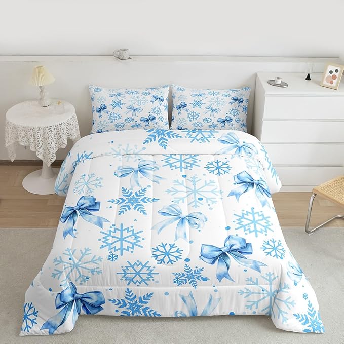 Lovely Bowknot Comforter Set Full Size,Dreamy Bowknot Dots Snowflake Kids Bedding Set,Winter Merry Christmas Girly Quilt Comforter,Blue White Duvet Insert,2 Pillowcases