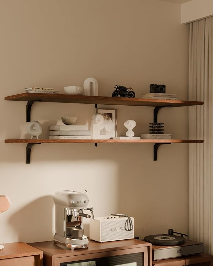 12x60Inch Rustic Walnut Wood Floating Shelves 2-Pack - Farmhouse Brown Wall Shelves with 100 lbs Capacity, Easy Installation for Living Room, Kitchen, Bathroom