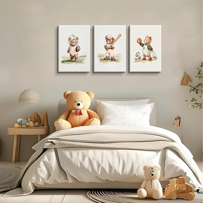3Pcs Nursery Teddy Bear Canvas Wall Art Vintage Sports Bear Wall Decor Sports Boys'Room Artwork Prints Basketball Football Baseball Painting Pictures for Children's Room Boys' Room (16x24in Canvas)