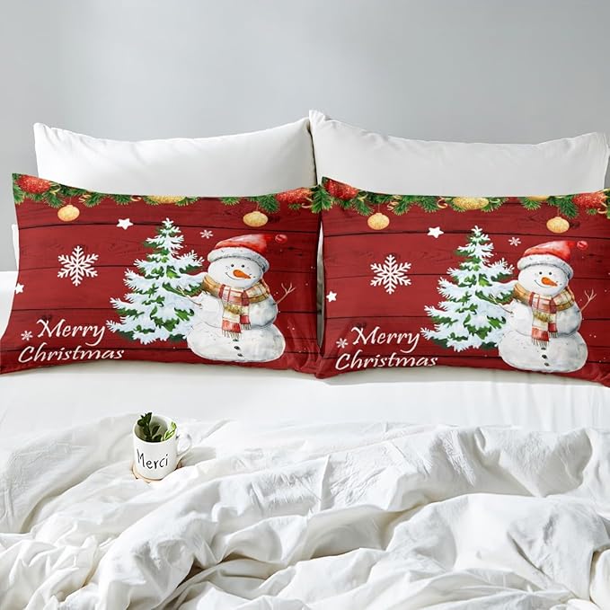 Christmas Duvet Cover Set Queen Size, Cute Snowman Tree Print Comforter Cover with 2 Pillowcases, New Year Theme Rustic Style Xmas Bedding Set 3pcs for Kids Boys Girls Bedroom Decor,No Comforter