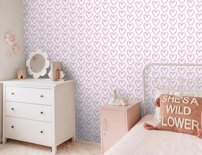 Timeet 17.7In x 196.8In Pink Wallpaper Heart Wall Paper Peel and Stick Modern Self Adhesive Removable Contact Paper Cabinets Wallpaper for Bedroom Kids Room Eco-Friendly Wallpapers