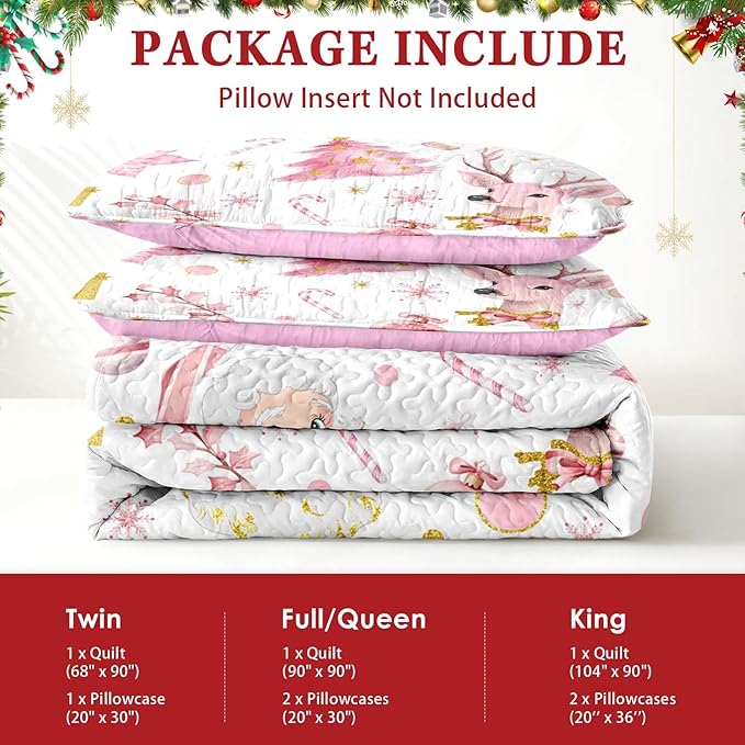 Christmas King Size Quilt Set, Pink Winter Funny Santa Claus Lightweight Bedspread Coverlet with Pillow Shams for Kids and Adults, Cute Reindeer Plants 3 Pcs Bedding Bed Cover