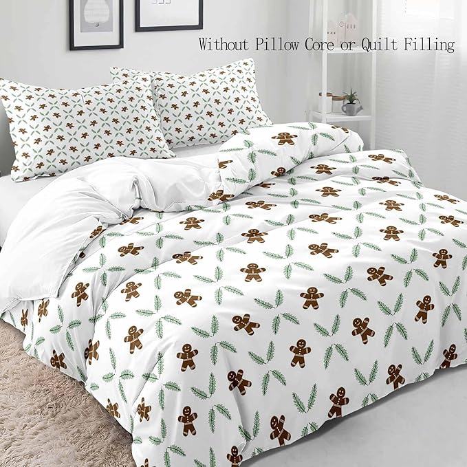 LUVIVIHOME 3PCS Gingerbread Man Duvet Cover King Bedding Set, White Duvet Cover, Teens Boys Girls Kids Bedding, Green Plant Pine Picks Leaves Winter Holiday Christmas Comforter Cover, 2 Pillow Shams