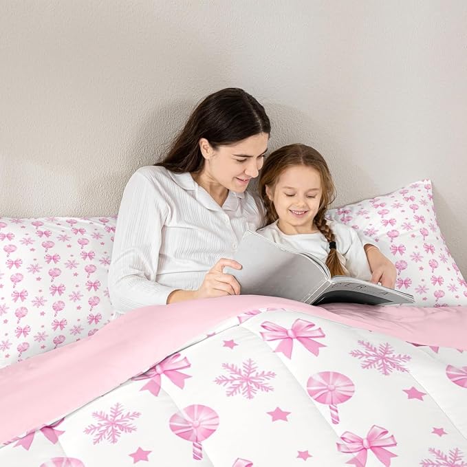 Feelyou Pink Christmas Bedding Set Soft for Boys Girls, Bow Candy Comforter Set Queen Size Star Snowflake Duvet Quilt Microfiber Bedroom Decor 3 Pcs with 2 Pillow Cases