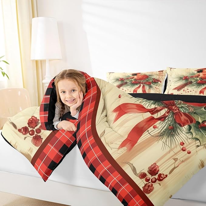 jejeloiu Kids Red Cardinal Comforter Set Toddler Christmas Red Black Plaid Bow Bedding Set for Boys Girls Teens Xmas Birds Animal Winter Wood Plank Duvet Quilt Room Decor