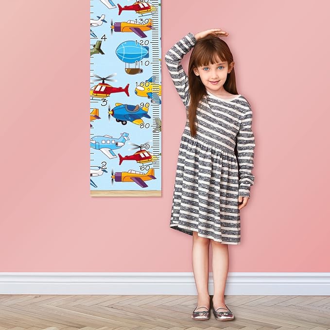 Personalized Kids Name Growth Chart Ruler for Wall Wood Frame Height Measure Chart 13.4x56 in Linen Hanging Height Growth Chart Cartoon Airplane Aircraft Kids Room Decor
