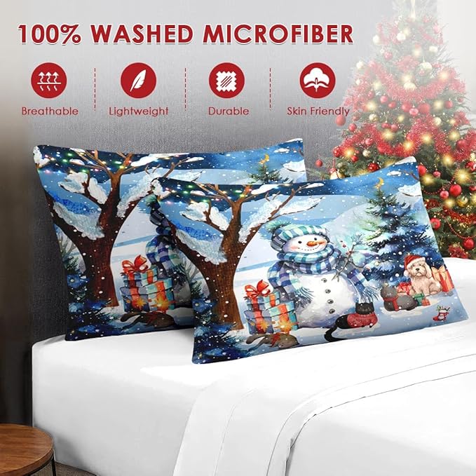 7 Pcs Full Size Christmas Comforter Set with 2 Pillowcases & 2 Shams, Cute Blue Snowman Bedding for Kids and Adults, Cold Snowy Night Bed in a Bag with Flat Fitted Sheet