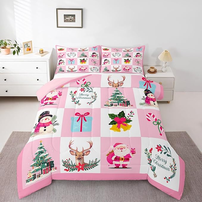 Erosebridal Merry Christmas Comforter Set for Kids Christmas Tree Quilt Twin Size with 1 Pillow Case Santa Claus Xmas Decor Bedding Set Kawaii Snowman Bedding Comforter Sets,Pink