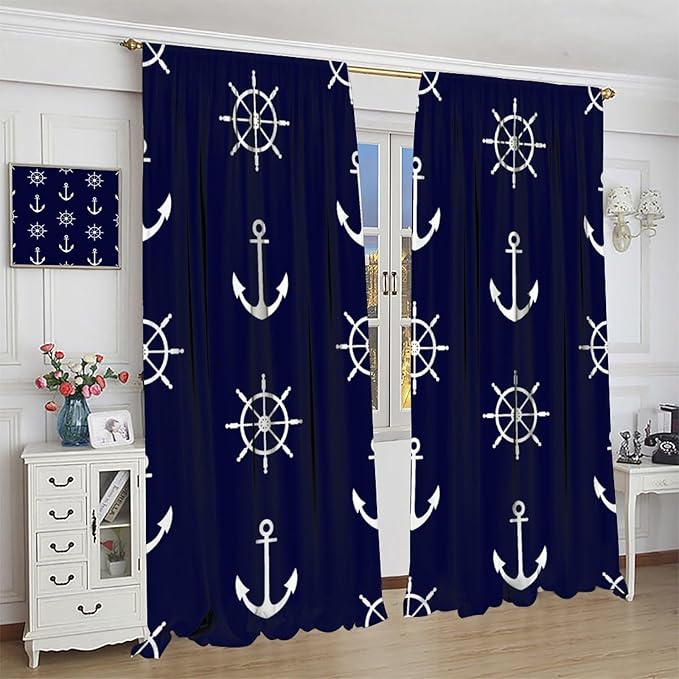 Nautical Rudder Curtains,MarineThemed Oceanic Anchor Pattern Blackout Print Home Bedroom Living Room Window Treatments 2 Panel Set 63x72 Inch