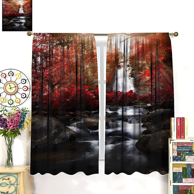Nature Waterfall Blackout Curtains, Autumn Waterfall Romantic Forest Landscape Print Rod Pocket Window Drapes, for Bedroom Living Room 63" W X 72" L