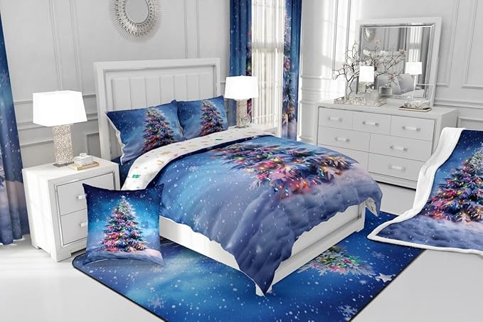 Feelyou Christmas Comforter Set All Season Xmas Tree Bedding Set with 1 Pillow Cases Colored Light Strips Microfiber Kids Toddler Bedclothes Snowflake Bedroom Decor Duvet Quilt Breathable Soft
