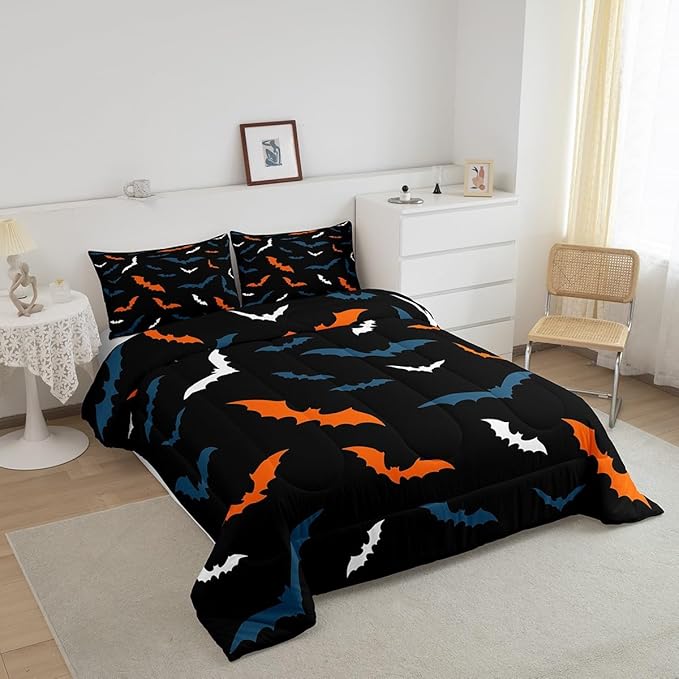 Erosebridal Bat Bedding Set for Kids Adults Boys Girls Happy Halloween Comforter Set Full Size Gothic Spooky Quilt Orange Bats Duvet Insert with 2 Pillow Cases