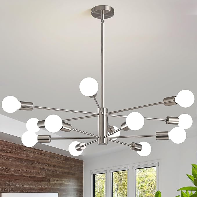 Modern Sputnik Chandeliers Light, 12 Lights Brushed Nickel Dining Room Chandelier Over Table, Height Adjustable Industrial Semi Flush Mount Mid Century Chandelier for Kitchen Island Living Room