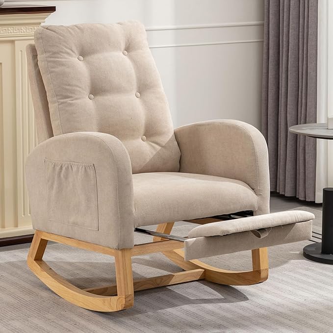 NIOIIKIT Nursery Rocking Chair, Linen Upholstered Glider Chair with Footrest, Tufted Rocker Recliner with Side Pocket, Comfy Recliner Glider, Accent Chair for Living Room (Cream Linen)