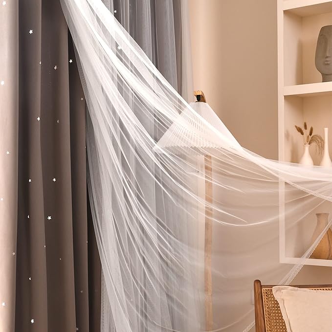 Kinryb Star Cutout Blackout Curtains Double Layer Curtains with Durable Sheer Curtains for Bedroom Thermal Insulated Window Treatment Set with 2 Free Tiebacks (52W x 63L 2 Panels Coffe)