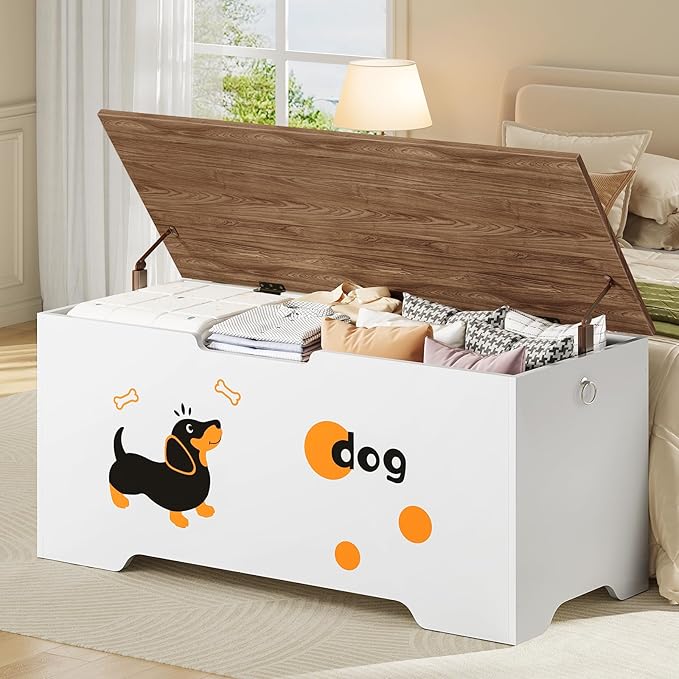 HOOBRO Toy Box, Toy Chest with 2 Safety Hinges, 47.2" Storage Bench, Wooden Storage Chest, for Entryway, Bedroom, Living Room, White and Walnut WH496CW01