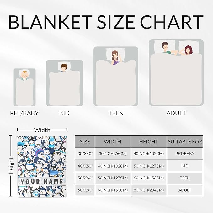 Personalized Penguin Gifts for Kids - 30" x 40" Inches Cute Penguin Throw Blankets for Girls - Blue Soft Furry Blankets for Sofa, Lap & Office