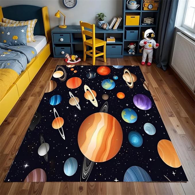 Kids Carpet Outer Space Rug,6x8ft,3D Galaxy Universe Planet Area Rugs Kids Bedroom Space Carpet Universe Solar System Planet Theme Carpets for Living Room Nursery Room Toddler Classroom Decor