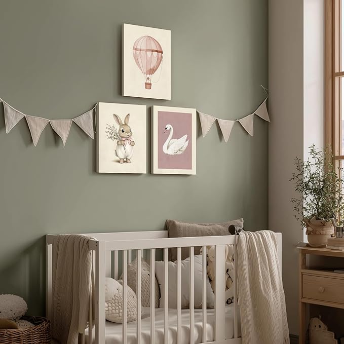 kilamino Pink Baby Girl Nursery Wall Art, Neutral Cute Rabbit and Swan Wall Decor, Vintage Hot Air Balloon Poster Prints, Pastel Bunny Animals Canvas Paintings for Baby Room Playroom Framed 12"x16"x3