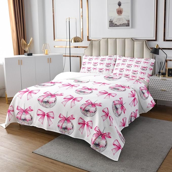 Cartoon Bowknot Kid Bedspread Queen Size,Bow Tie Butterfly Knot Princess Coverlet Set,Girls Women Room Decor,Western Cowgirl Disco Ball Retro Quilted Coverlet,Pink White Bedding Quilt,2 Pillowcases