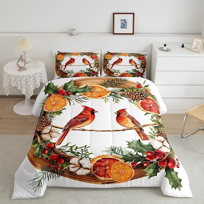 jejeloiu Kids Red Cardinal Comforter Set Toddler Christmas Theme Bedding Set for Boys Girls Teens Xmas Birds Animal Lemon Winter Wood Duvet Quilt Room Decor
