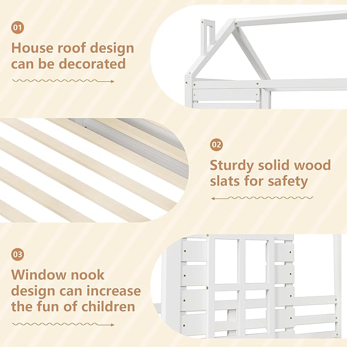 Full Size House Bed for Kids with 2 Storage Drawers, Full Playhouse Bed Frame with Roof and Window, Kids Full Size Bed Frames with Slats, Modern Wooden Montessori Bed for Bedroom, Full-White