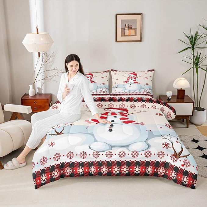 Kids Snowman Christmas Comforter Set Queen Size,Snowflake Romantic Bedding,Girls Boys Adults Bedroom/Xmas Cabin Decor,Geometric Grid Lattice Down Comforter,Rustic Farmhouse Duvet Insert,2 Pillowcases