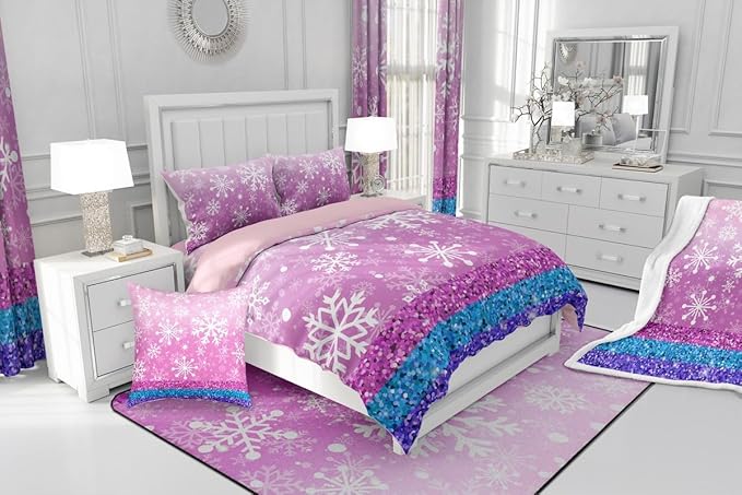 Feelyou Pink Snowflake Comforter Set Full Size Winter Snowflake Bedding Set for Kids Boys Girls Christmas Duvet Quilt Glitter Print Bedroom Decor Microfiber 3 Pcs with 2 Pillow Cases