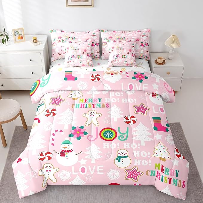 Christmas Kids Bedding Set Cartoon Snowman Gingerbread Man Comforter Set with Sheets for Boys Girls Christmas Tree Decor Bed in a Bag Pink Xmas Theme Bed Set 7Pcs King Size