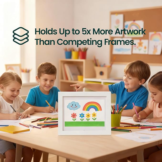 ArtKiddo® Patented Magnetic Kids Artwork Frame with Storage – Changeable Front-Opening Kids Art Frame Holds 250 Drawings – 8.5x11 Children’s Art Display for Wall or Tabletop – Playroom Wall Decor (White)