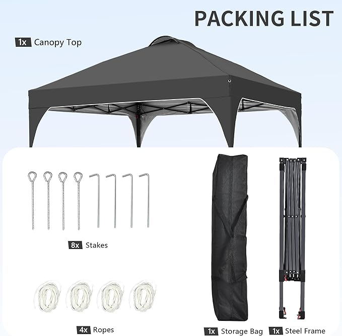 GDY 10x10 Pop Up Canopy Tent, Easy-Setup Gazebo, Outdoor Canopy with 3 Adjustable Heights for Events, Parties, Camping, Black.